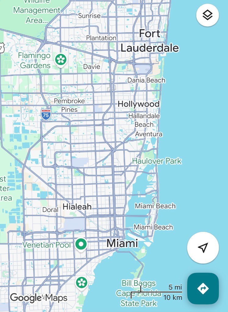 Google Maps screenshot South Florida coast Fort Lauderdale Hollywood Miami Biscayne Bay trip geography