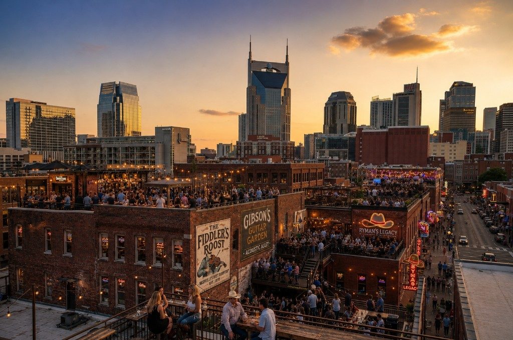 Nashville rooftop bar scene at sunset with the AT&T Building and downtown skyline in golden light.