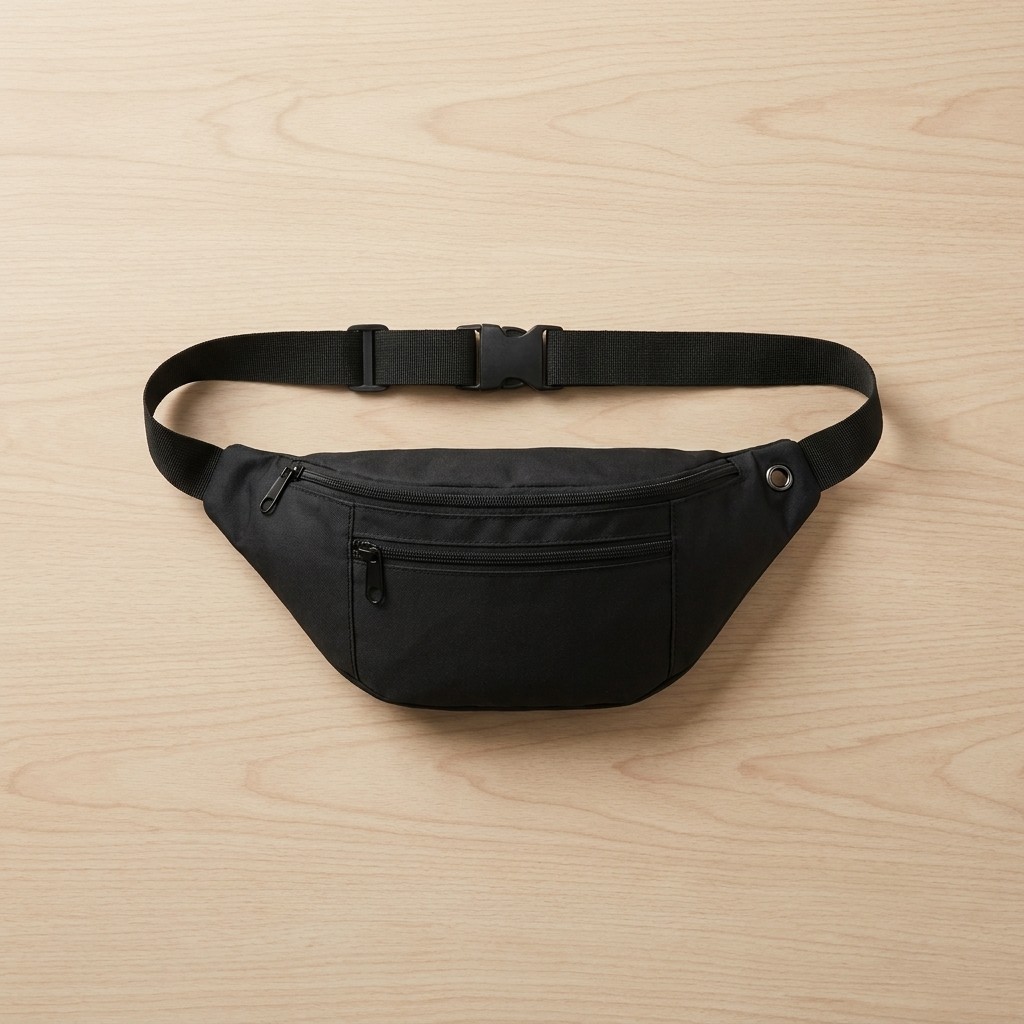 Matte black minimalist travel belt bag fanny pack flat lay on light wood
