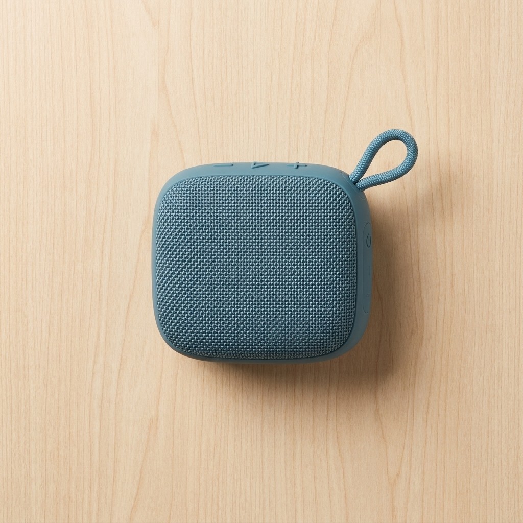 Compact dusty-teal woven portable Bluetooth speaker with corner loop, no logos