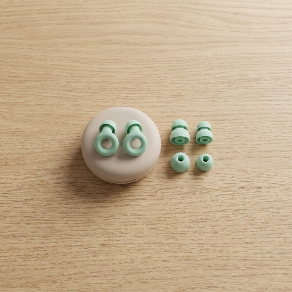 Reusable soft silicone ear plugs with carry case flat lay on light wood