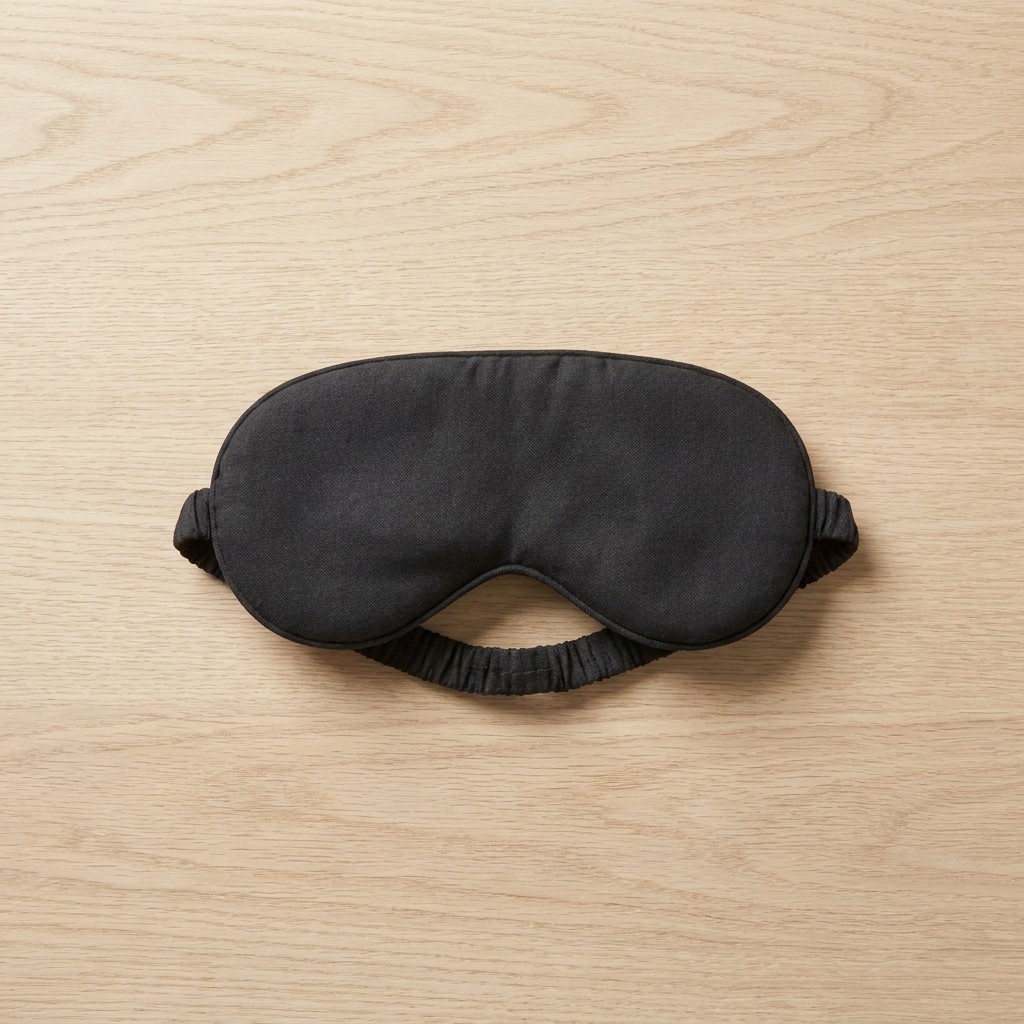 Black contoured cotton sleep eye mask on light wood surface