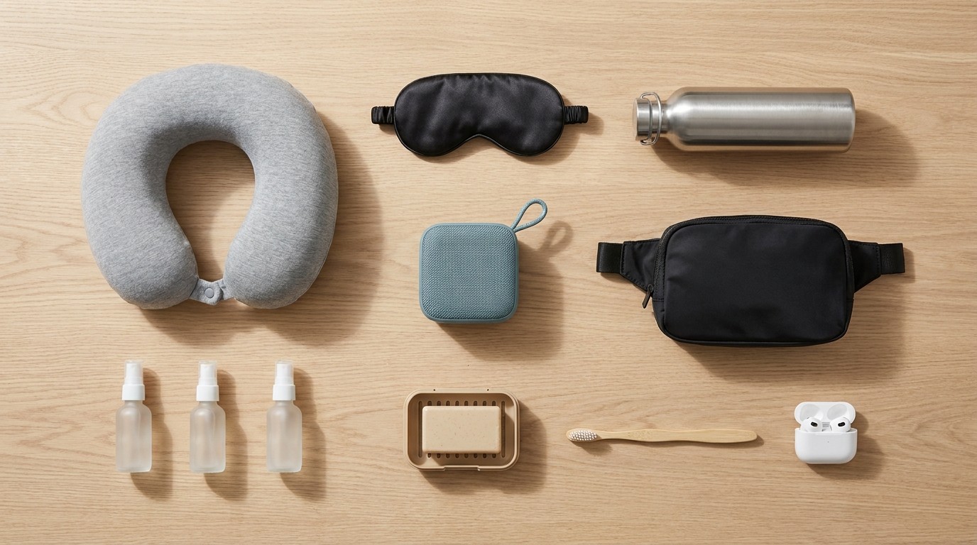 Travel essentials flat lay on light wood: grey neck pillow, black eye mask, steel water bottle, matte black belt bag, dusty-teal Bluetooth speaker, toiletry spray bottles, bar soap in a ventilated case, bamboo toothbrush, and wireless earbuds.