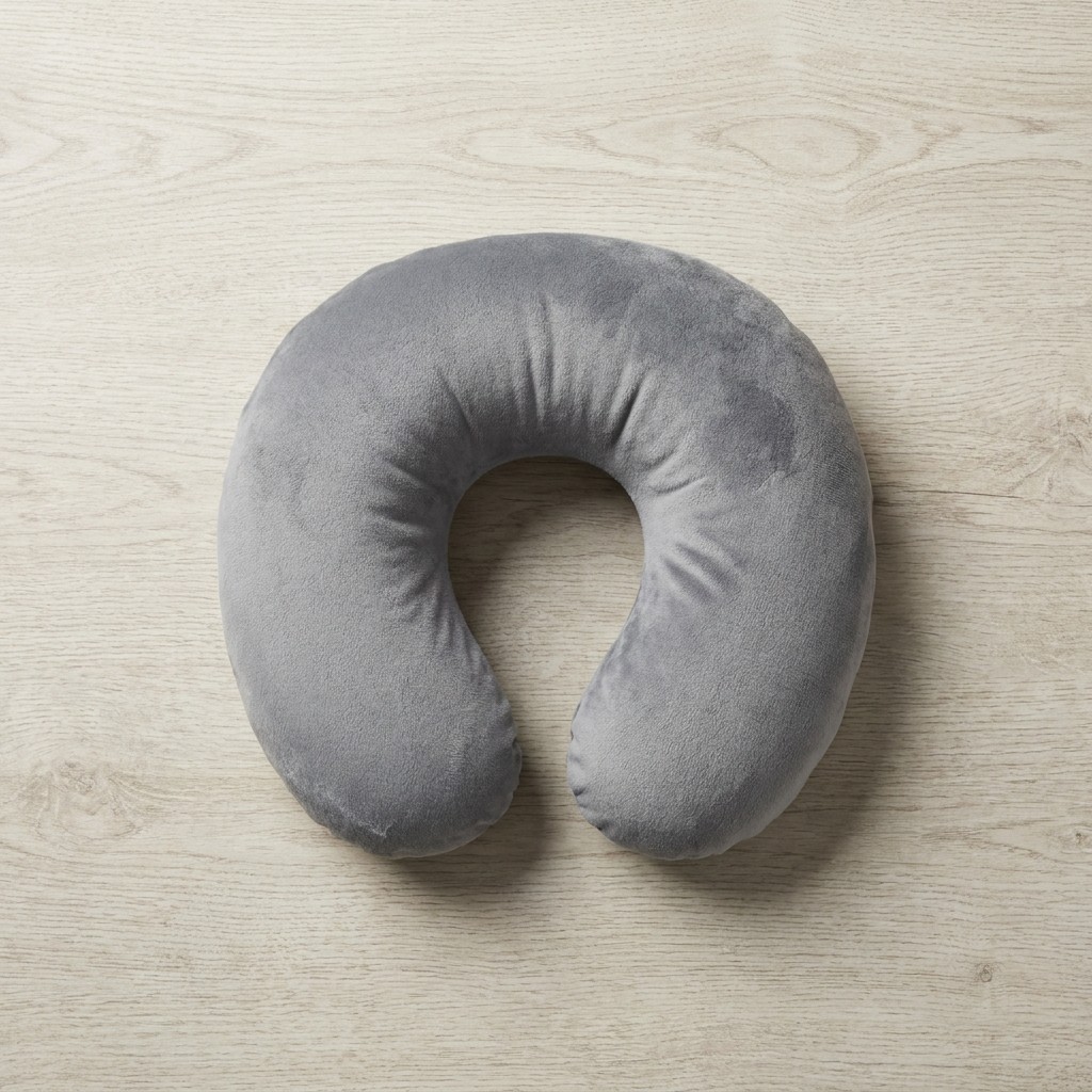 Grey bendable memory-foam travel neck pillow flat lay on light wood