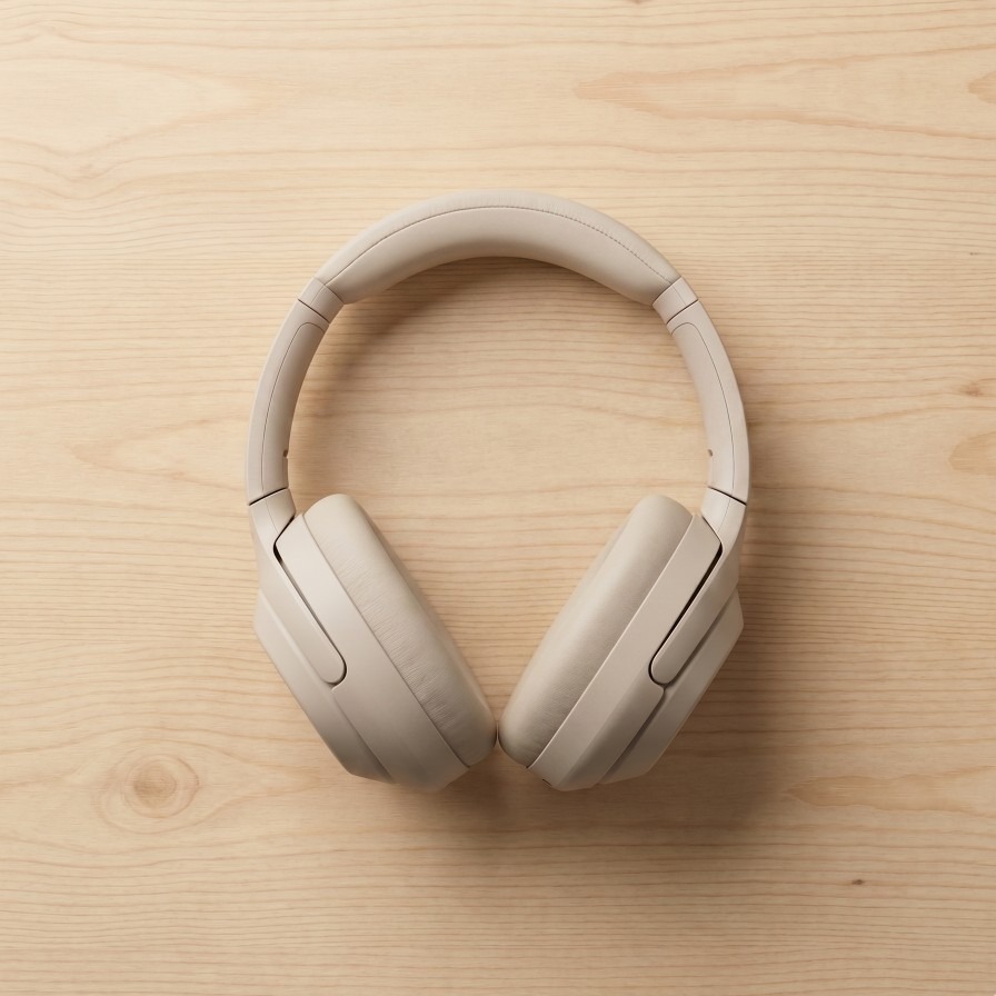 Over-ear wireless noise-cancelling headphones flat lay on light wood