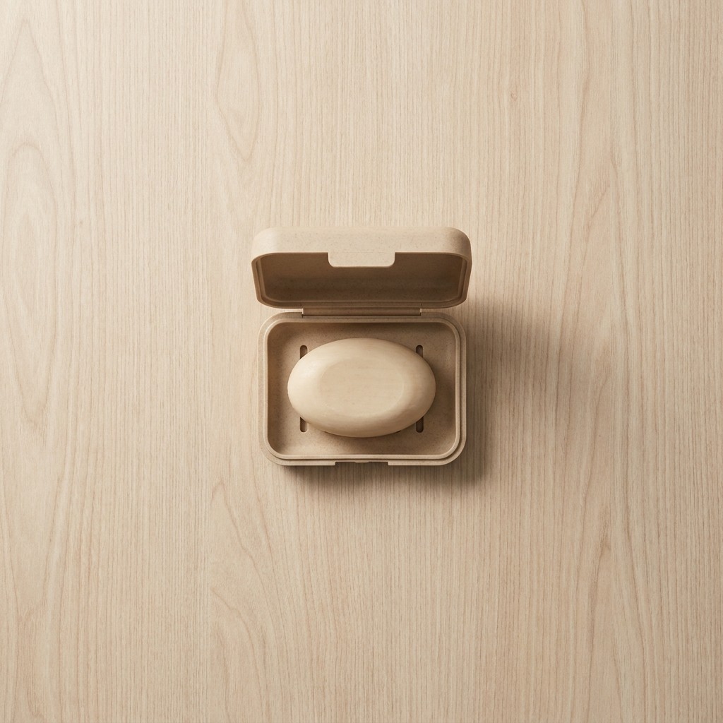 Tan ventilated travel soap case with bar soap inside