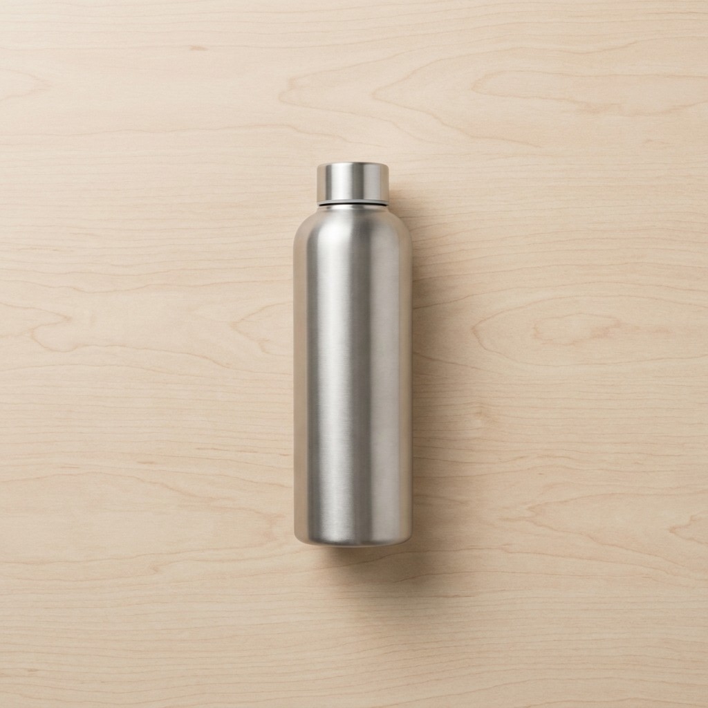 Brushed stainless steel reusable water bottle on light wood