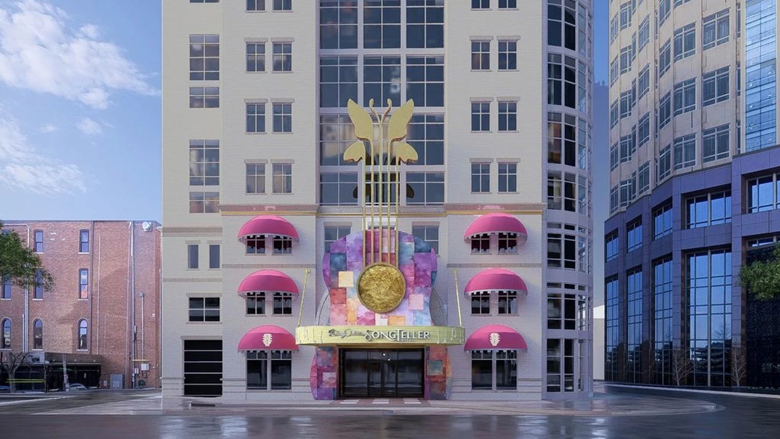 Architectural rendering of Dolly Parton's SongTeller Hotel exterior on Commerce Street, with guitar-shaped entrance and butterfly emblem.